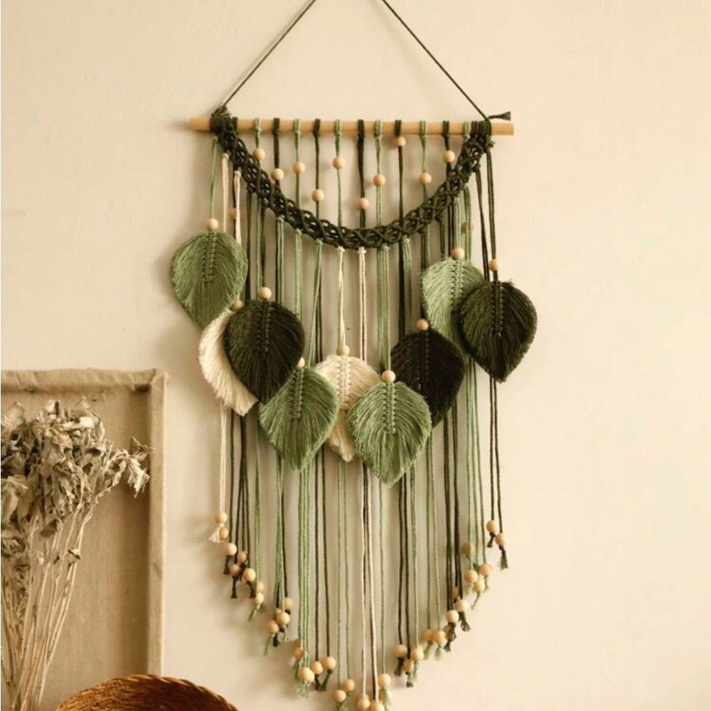 H 1pc Macrame Leaves Wall Hanging Chic Feather Boho Macrame Wall Decor